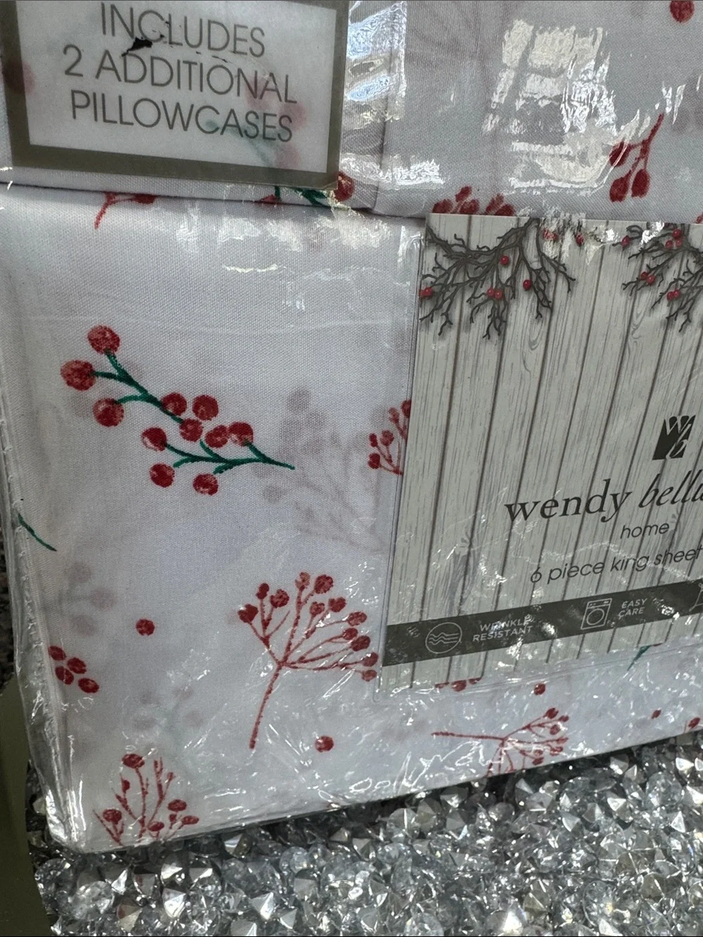 Wendy Bellissimo White Sheet Set with Red & Green Berry Sprig Print NEW